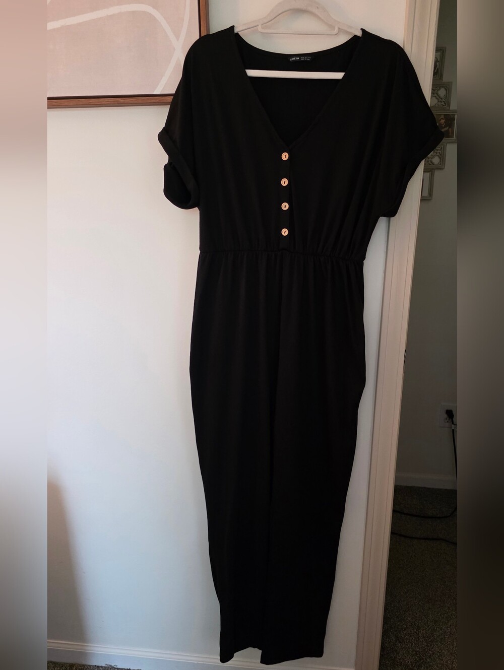 Black V-Neck Button-Front Midi Jumpsuit